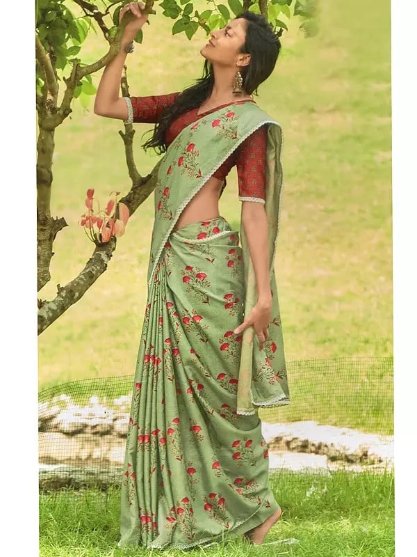 Foam-Green Manipuri Silk Saree with Crochet Lace Border