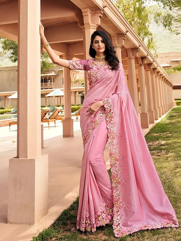 Coral-Blush Designer Silk Saree With Heavy Thread Embroidered Border