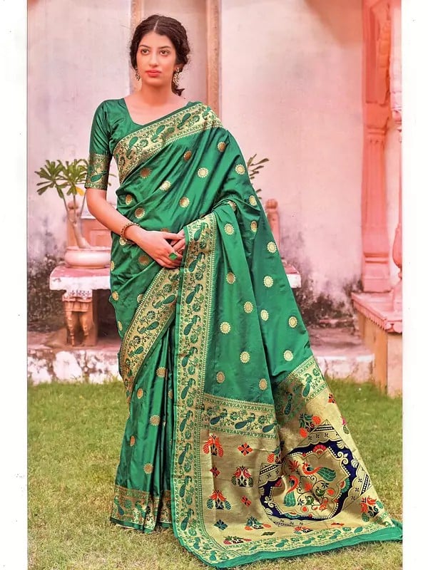 Proud-Peacock Paithani Silk Sari with Hand-Woven Peacocks on Border And Aanchal