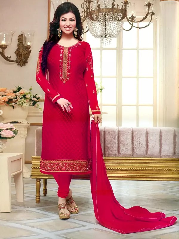 Virtual-Pink Ayesha-Takia Straight Long Churidar Salwar Kameez Suit with Floral Zari-Embroidery