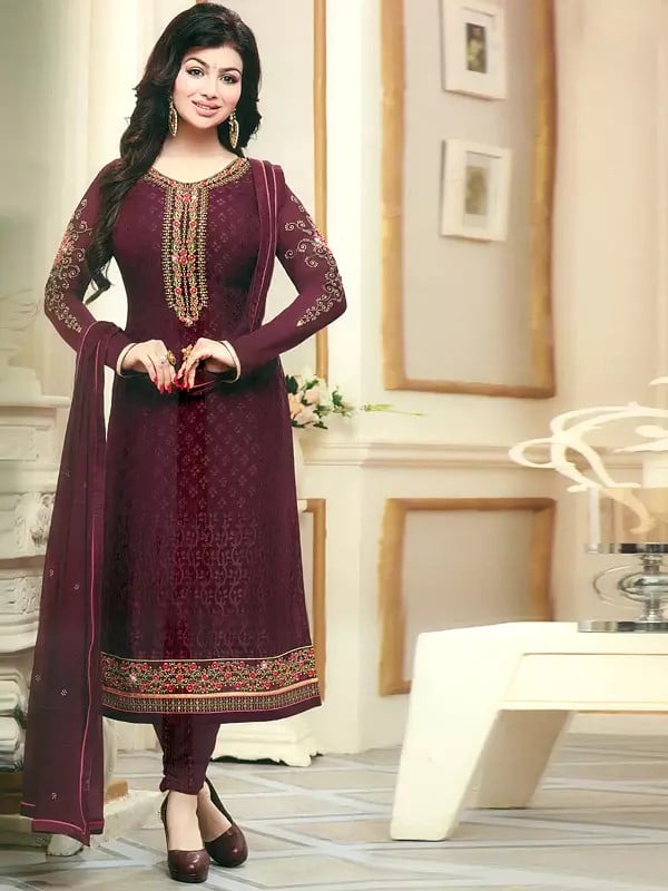 Purple-Potion Ayesha-Takia Straight Long Churidar Salwar Kameez Suit with Floral Zari-Embroidery