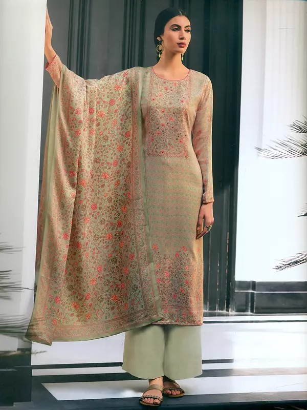 Olive-Gray Self-Woven Poly-Wool Kalamkaari With Embroidery Salwar-Kameez Suit