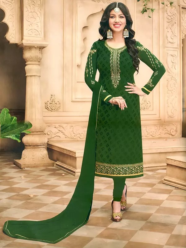 Forest-Elf Ayesha-Takia Straight Long Churidar Salwar Kameez Suit with Floral Zari-Embroidery