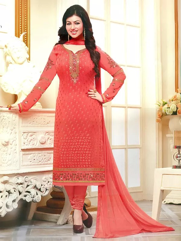 Georgia-Peach Ayesha-Takia Straight Long Churidar Salwar Kameez Suit with Floral Zari-Embroidery