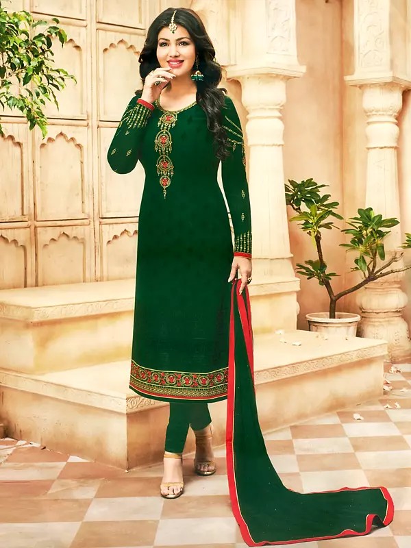Formal-Garden Ayesha-Takia Straight Long Churidar Salwar Kameez Suit with Floral Zari-Embroidery