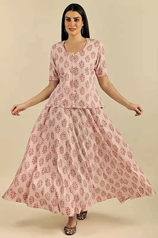 “Flora” a Flower - Hand Block Printed Panelled Flared Skirt with Front Open Top