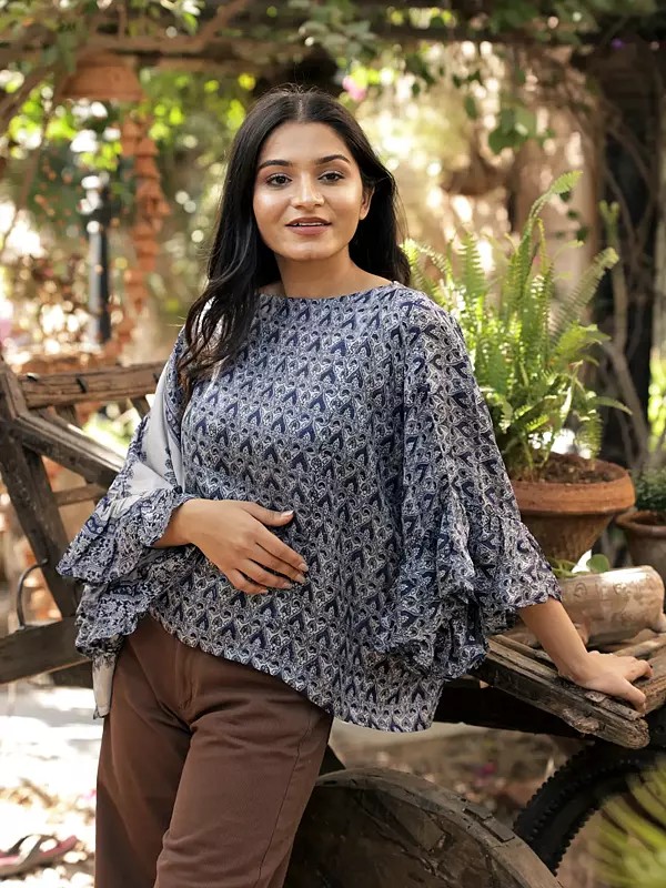 Vintage Pure Silk Short Top with Ruffles from Jodhpur