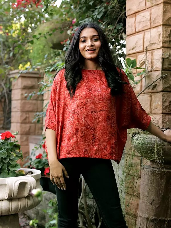 Vintage Plain Pure Silk Baggy Top from Jodhpur