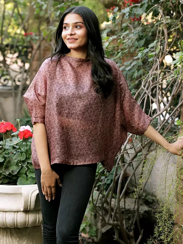 Vintage Plain Pure Silk Baggy Top from Jodhpur