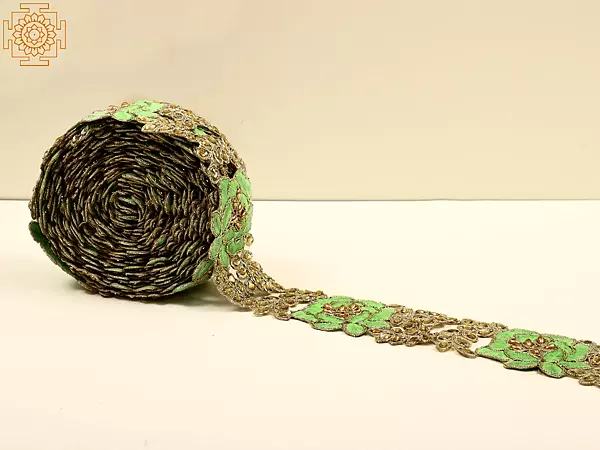 Thread Embroidered Flower Border with Droplet Bead and Stone