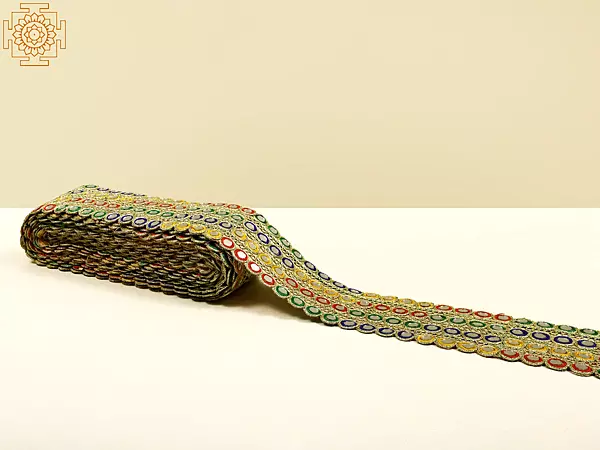 Multicolor Thread-Embroidered Fabric Border with Mirrors