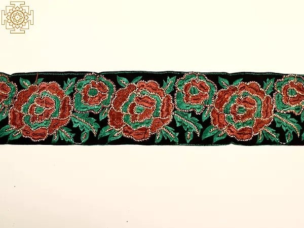 Velvet Border With Thread Embroidered Rose And Sequins