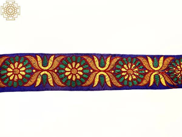 Bluing Fabric Border with Floral Thread Embroidery