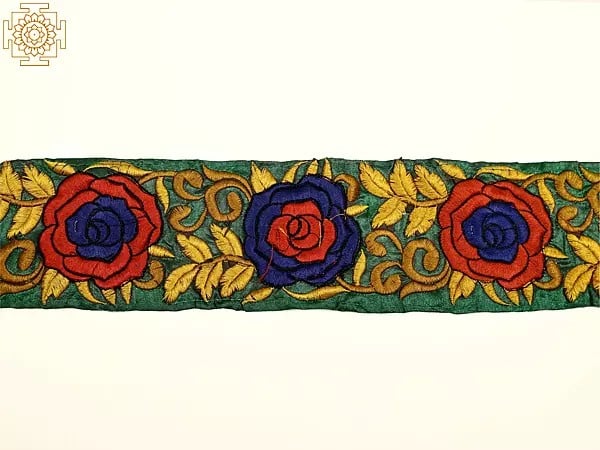 Formal Green Fabric Border with Floral Thread Embroidery