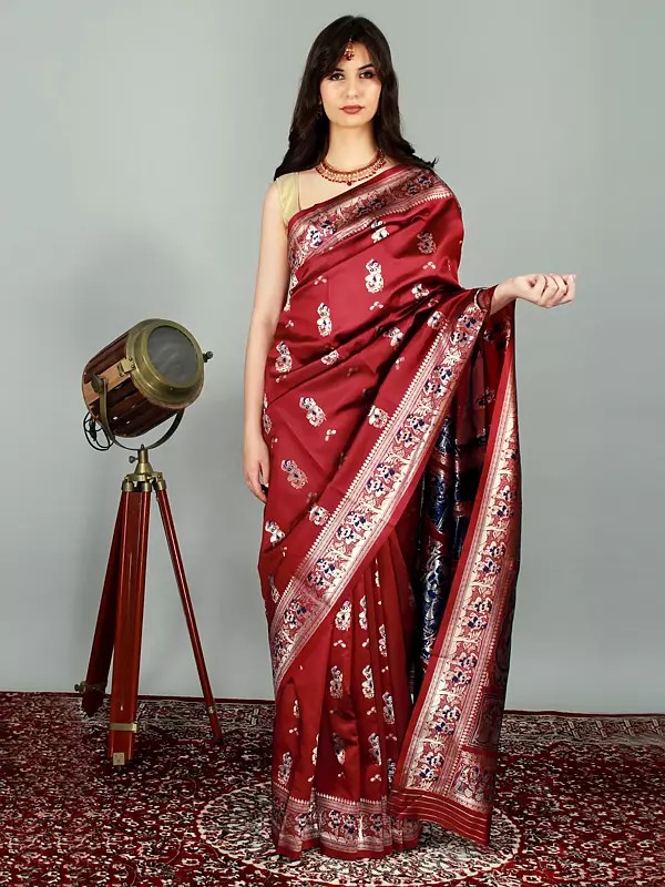 Savvy-Red Baluchari Silk Handloom Saree With Exquisite Zari Work