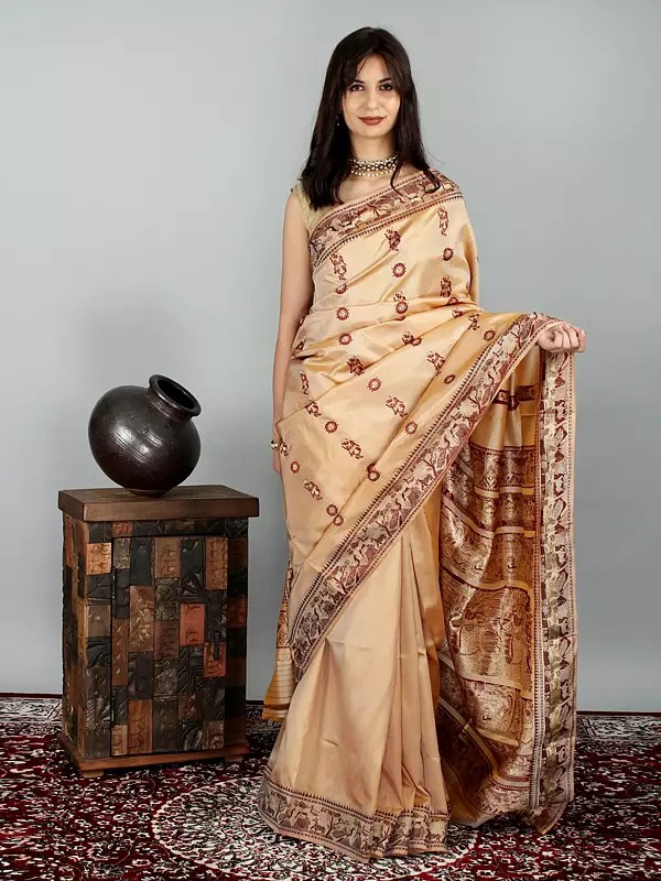 Gilded-Beige Baluchari Silk Handloom Saree from Bengal With Garden And Shiv Archana Depiction On Pallu