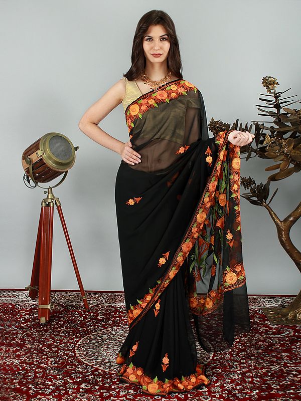 Georgette Kashmiri Sari with Beautiful All-Over Kashida Embroidery