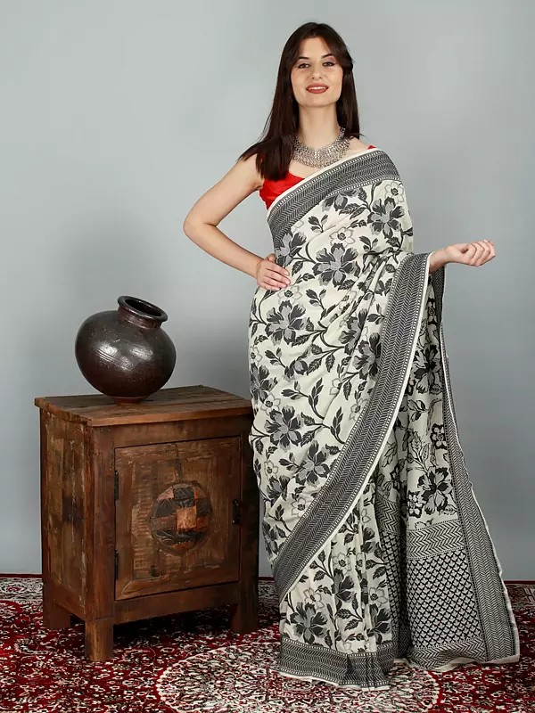 White-Swan Muga Silk Handloom Sari from Banaras with Temple Border and Heavy Woven Pallu