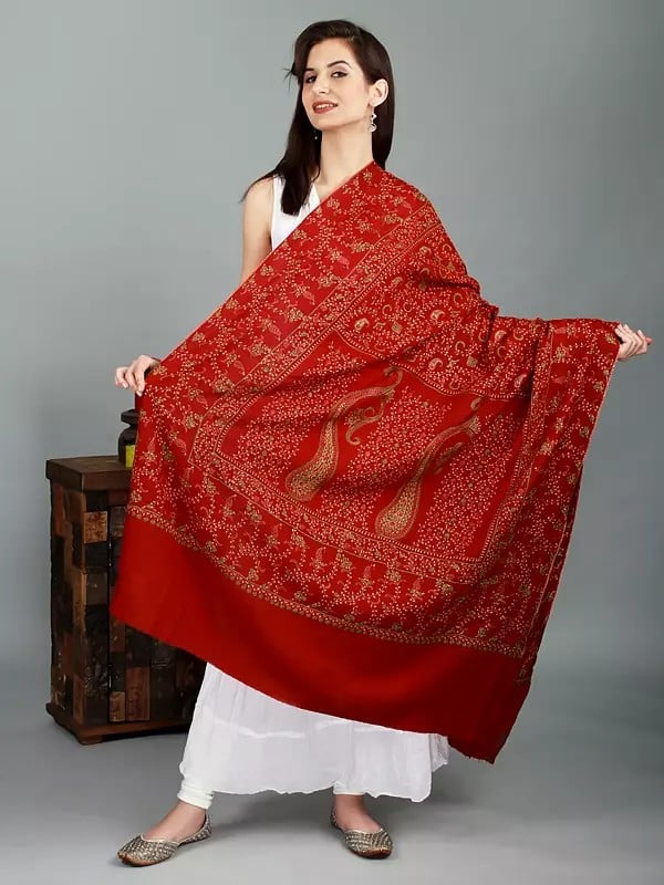 Equestrian-Red Pure Wool Shawl from Kashmir with Sozni Hand-Embroidered Overall Floral Pattern And Paisley Motif