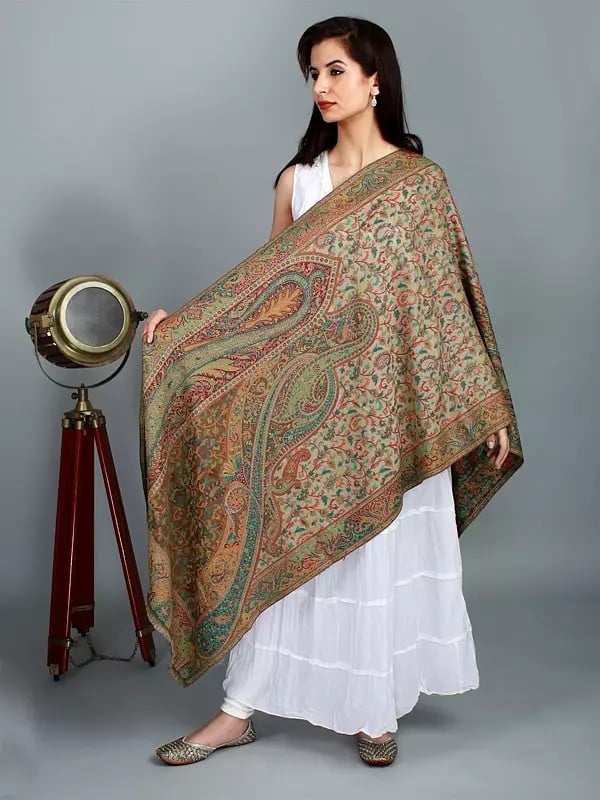 Moonbeam Woolen Jamawar Shawl With Woven Paisley And Leaf Motif