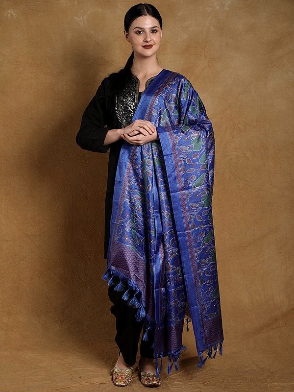 Banglori Satin Birds and Leaf Printed Dupatta with Tassels