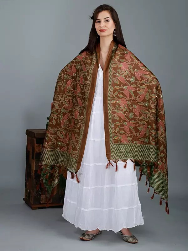 Banglori Satin Birds and Leaf Printed Dupatta with Tassels