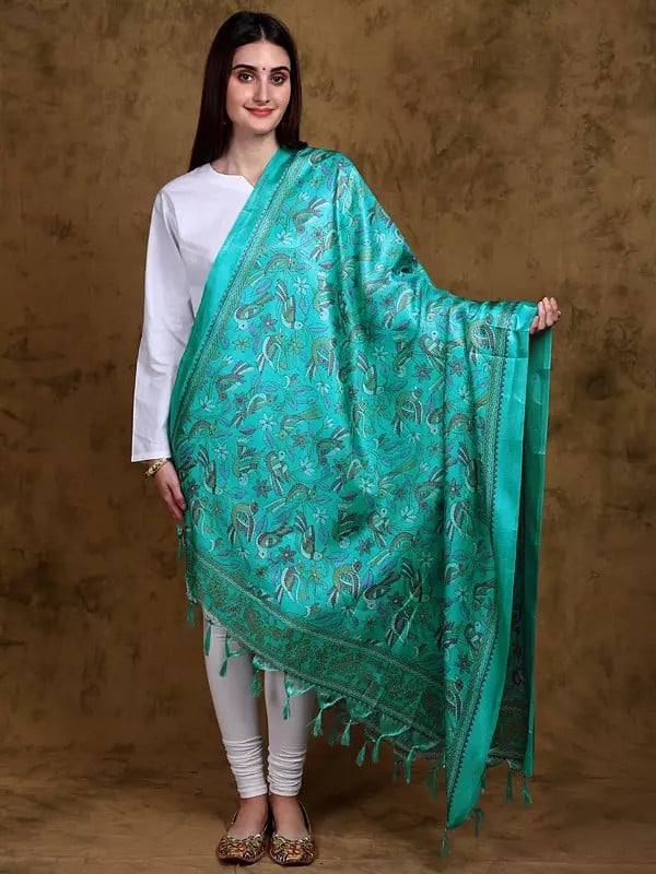 Banglori Satin Birds and Leaf Printed Dupatta with Tassels