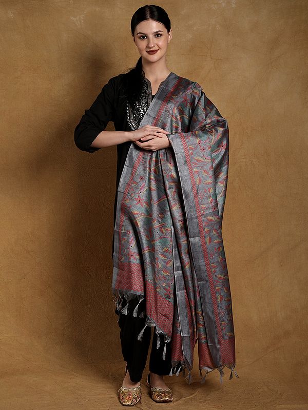 Banglori Satin Birds and Leaf Printed Dupatta with Tassels