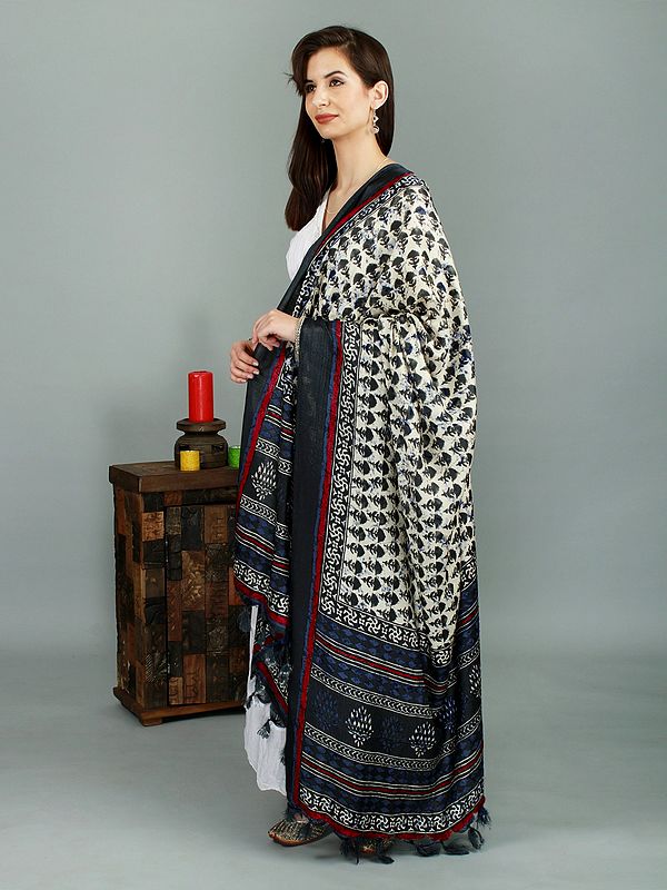Banglori Satin Batik Booti Motif Printed Dupatta with Tassels