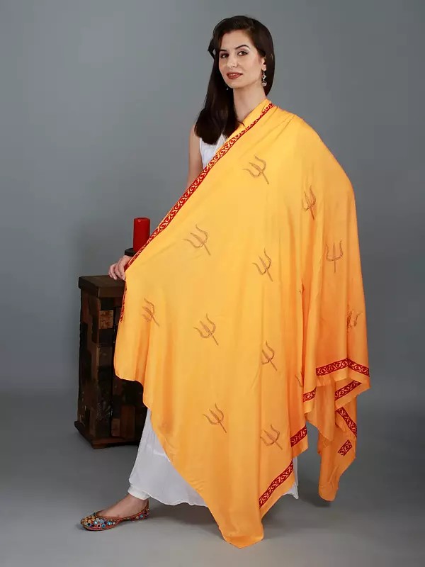Prayer Stole with Zari Embroidered Trishul and Thread Border