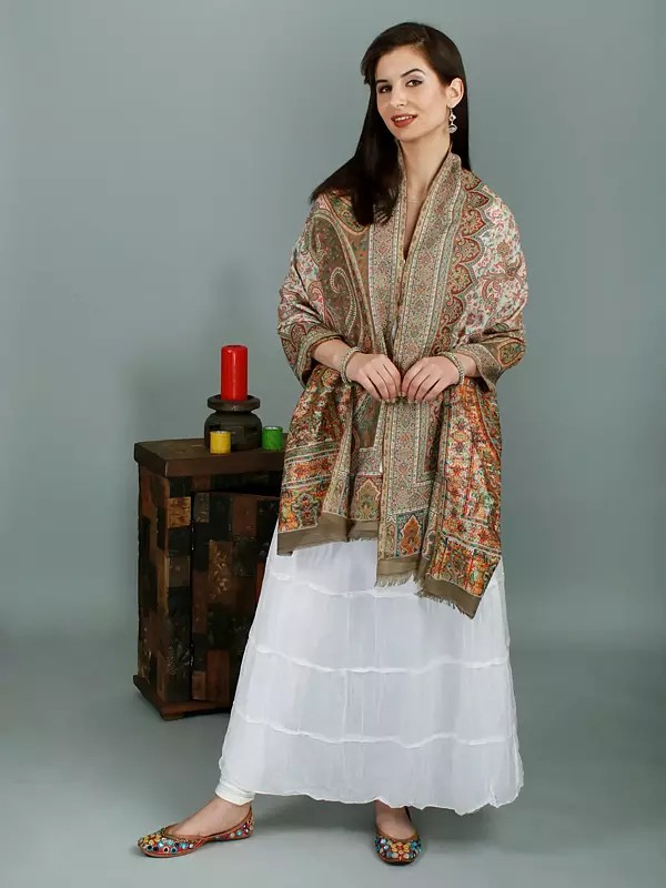 Dusky-Green Kani Jamawar Stole from Amritsar with Woven Florals and Paisleys