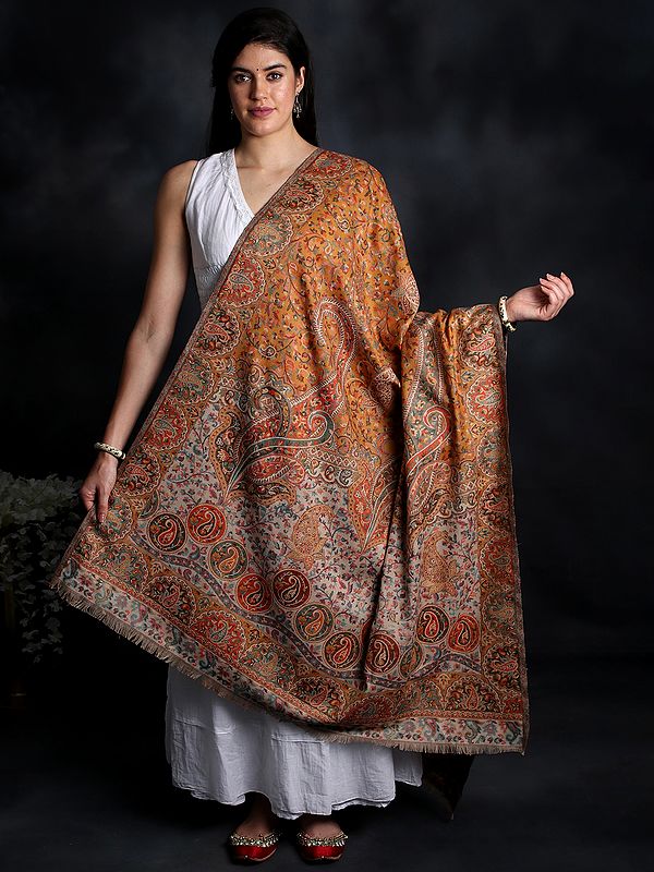 Clay Woolen Jamawar Shawl with Woven Paisley and Flower Motif