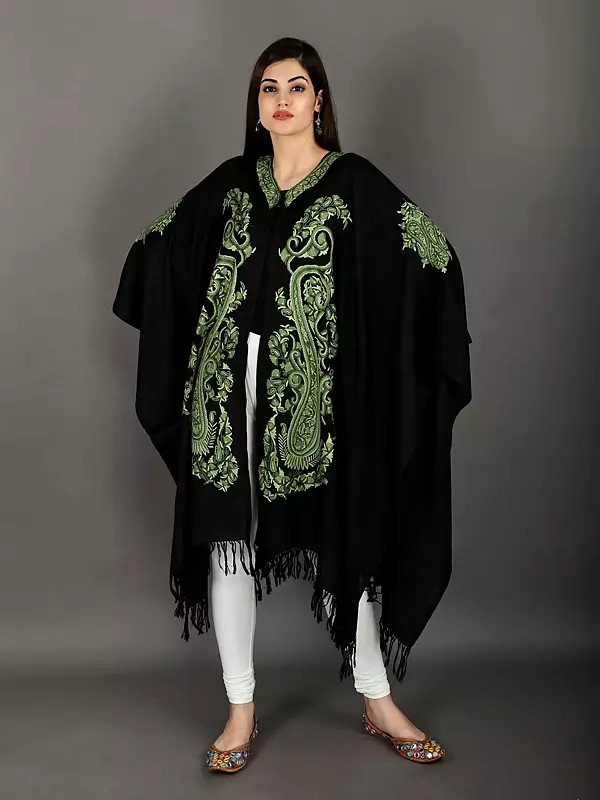 Black-Beauty Cape from Kashmir with Aari Hand-Embroidered Giant Paisley and Flowers