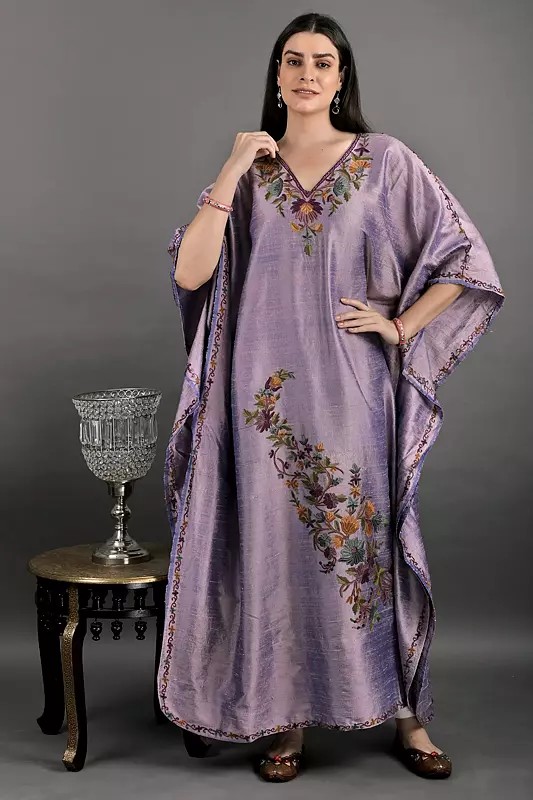 Pale-Pansy Long Kashmiri Kaftan With Floral Aari Hand Embroidery ...