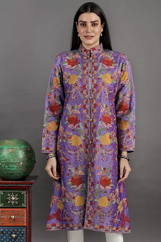 Iris-Orchid Silk Long Jacket from Kashmir with All-Over Floral Aari Embroidery