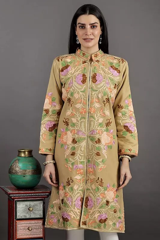 Beige Long Jacket From Kashmir With Multicolor Floral Aari-Embroidery