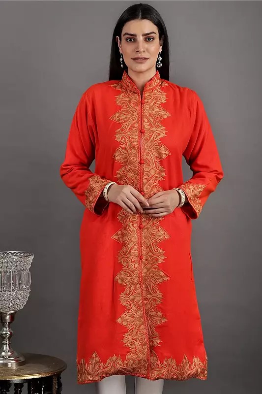 Cherry-Tomato Pure-Wool Long Jacket From Kashmir With Giant Aari-Embroidered Paisley and Flowers,