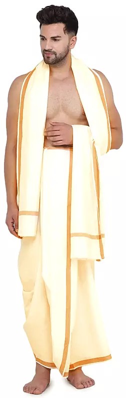 Plain Silk Dhoti and Angavastram Set with Striped Border from ISKCON Vrindavan by BLISS