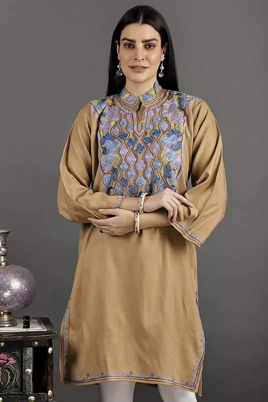 Latte Woolen Kurti from Kashmir with Paisley and Floral Aari Embroidery