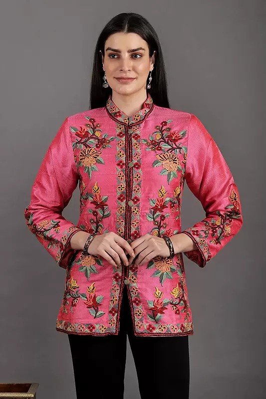 Sangria-Sunset Mandarin Jacket from Kashmir with Vibrant Kashida Embroidered Flowers