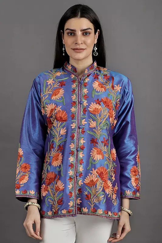 Palace-Blue Mandarin Jacket from Kashmir with Vibrant Aari Embroidered Giant Flowers