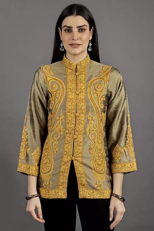 Tree-House Short Mandarin Jacket from Kashmir with Contrast Giant Paisley Embroidery