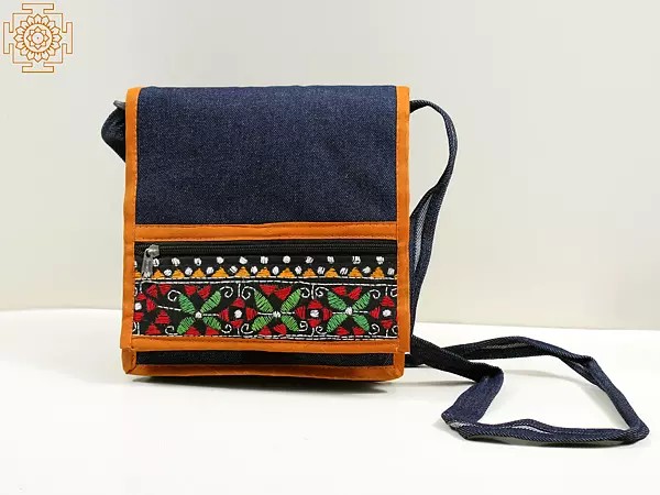 Midnight-Sail Denim Bag from Surajkund with Kantha Floral Hand-Embroidery & Leather-Stud Deailing