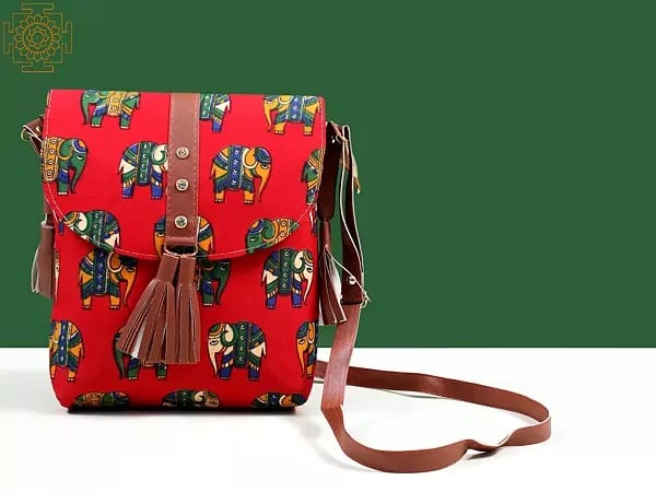 Fabric Bag from Surajkund with Vibrant Elephant Print & Leather-Stud Detailing
