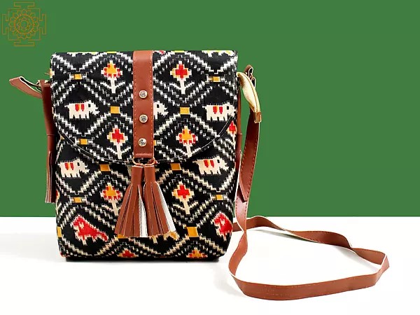 Fabric Bag from Surajkund with Vibrant Elephant Ikat Print & Leather-Stud Detailing
