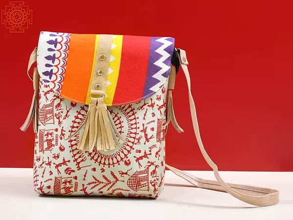 Fabric Bag from Surajkund with Warli Print, Burst of Color on the Flap & Leather-Stud Detailing