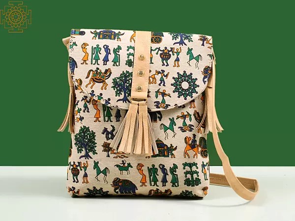 Fabric Bag from Surajkund with Leather-Stud Detailing & Multicolor Warli Print Depicting A Day in Life