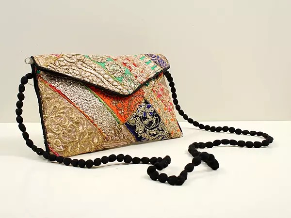 Multicolored Ethnic Zari Sequin Embroidered Handcrafted Clutch Bag with Damru Dori from Jaipur