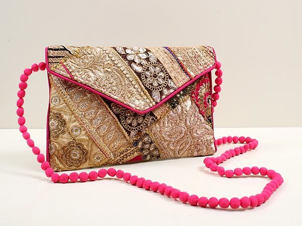 Multicolored Ethnic Zari Sequin Embroidered Handcrafted Clutch Bag with Damru Dori From Jaipur