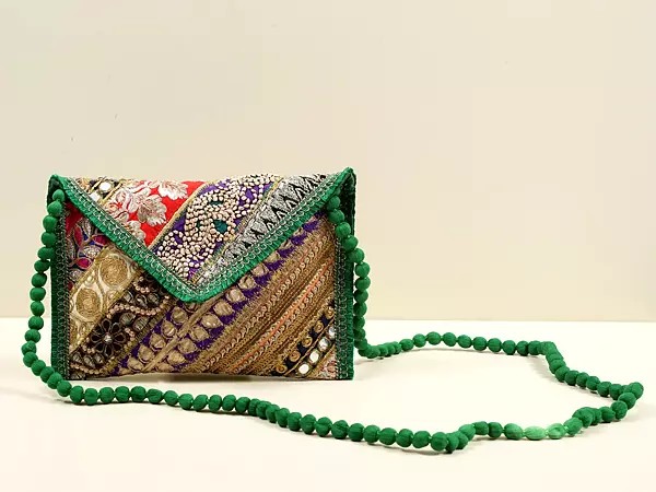 Patchwork Zari Sequin Embellished Handcrafted Clutch Bag with Threadwork Edges & Damru Dori from Jaipur